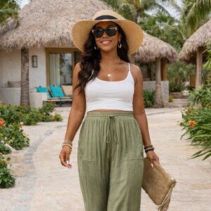Resort-Ready Tan Boho Pants | Vacation Chic Beachwear | Size M / 10-12